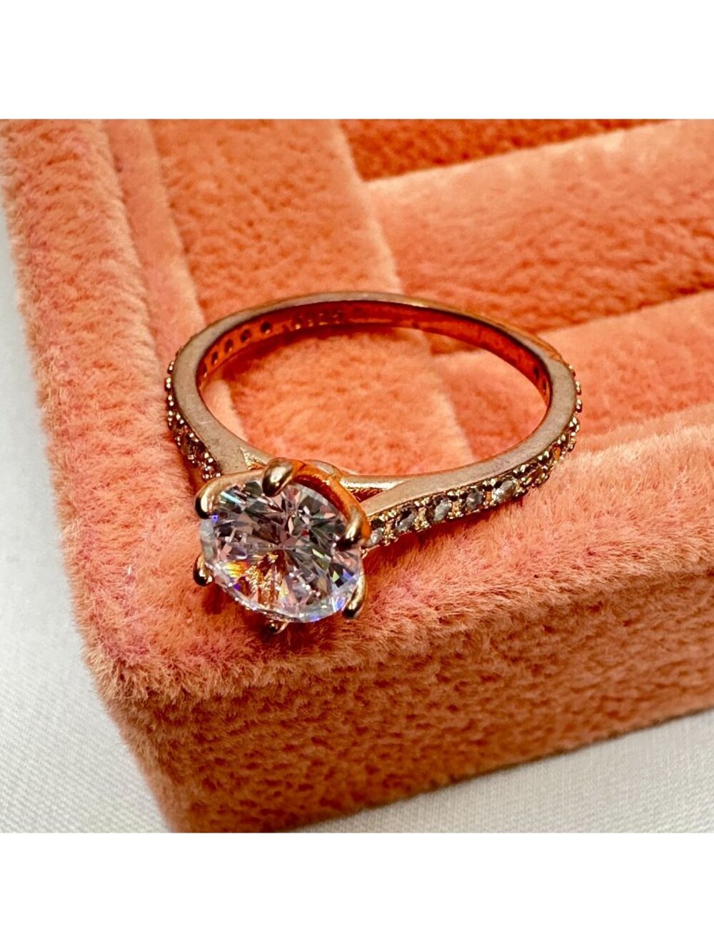 Vintage Rose Gold Over Sterling Silver Ring CZ Round Stone & Accent Size 7 1/2